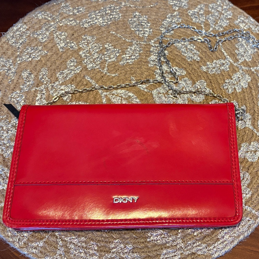 DKNY Red Leather Wristlet Clutch